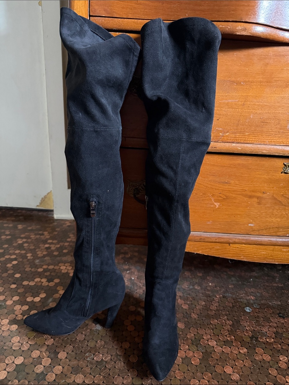 Over-the-Knee Black Suede Boots with Pointed Toe